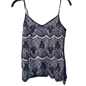 Navy Blue Lace Cami Sheer Floral Lace Adjustable Spaghetti Straps Scalloped Hem